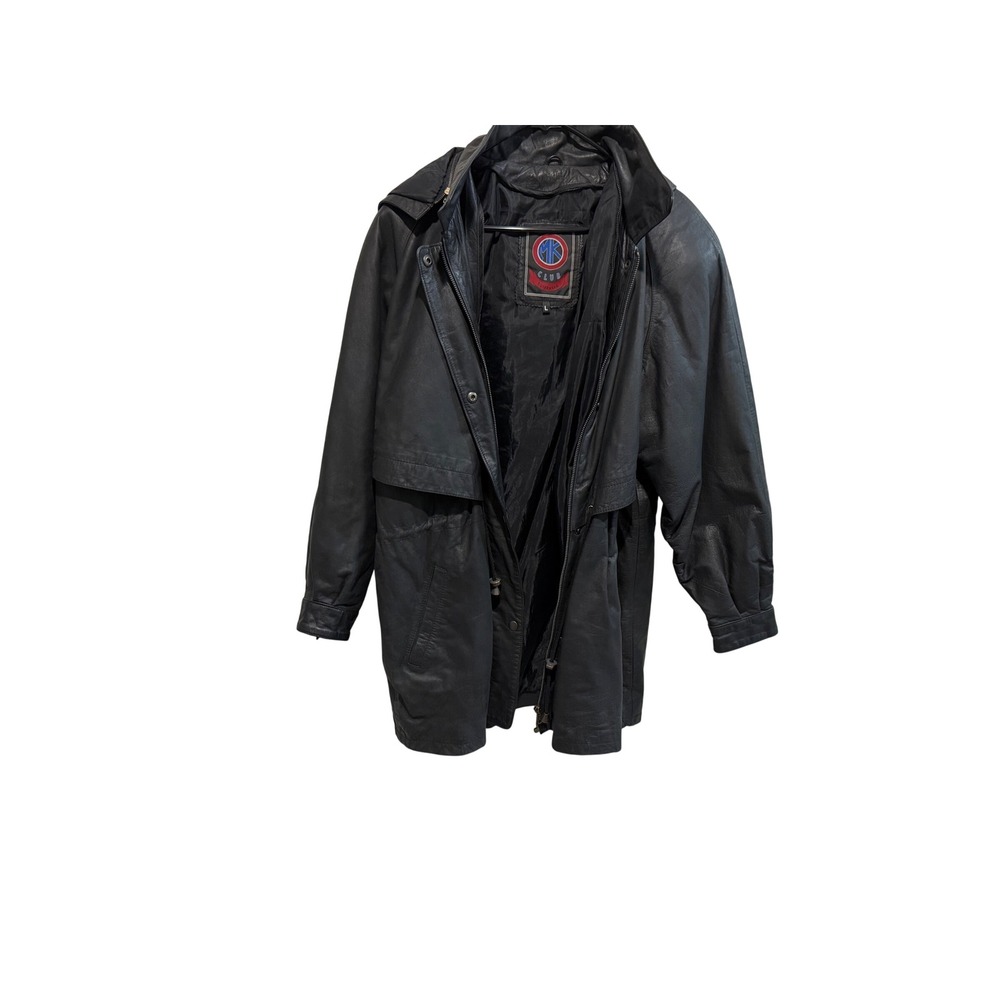 MK Club Outerwear Mens Black Genuine Cow Leather Hooded Parka Jacket Large